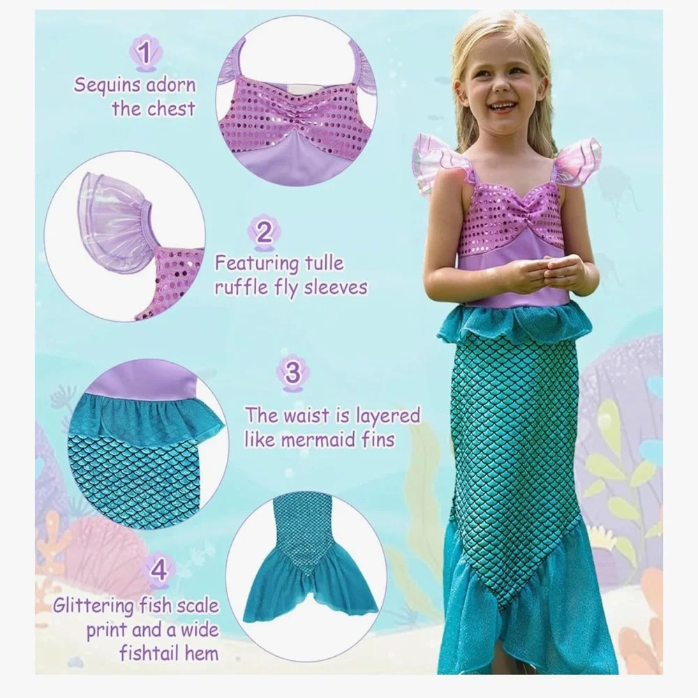 Mermaid Princess Costume Set - Purple and Green 130 or 7-8 year size new